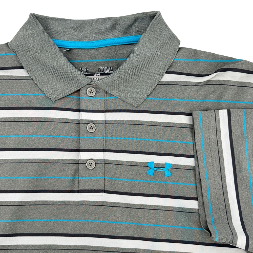 Under Armour Polo Shirt Mens Medium Grey‎ Loose Fit Striped HeatGear